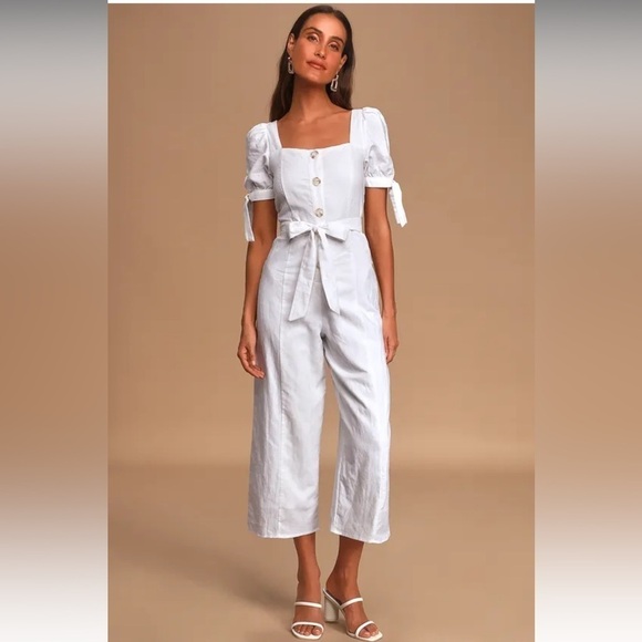 Charlie Holiday Pants - Charlie Holiday Cleo White Button-Front Puff Sleeve Culotte Jumpsuit XS